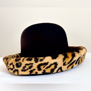 Vintage 100% Wool Hat with Leopard Print Faux Fur Brim - Made in USA